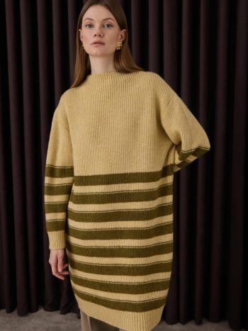 Fine Striped Long Sweater Butter-Seaweed
