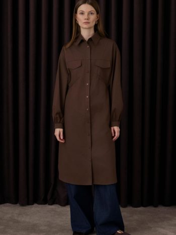 Long Shirt with Gather Details in Bitter Coffee