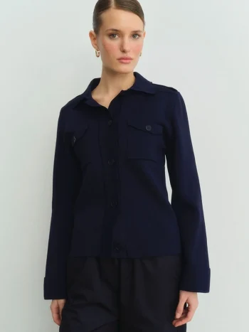 Navy Blue Mercerized Cardigan with Pocket Flaps