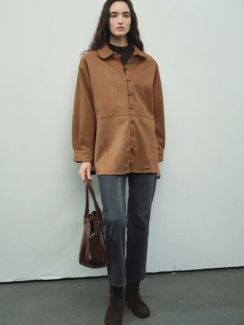 Coffee Suede Shirt with Birit Detail