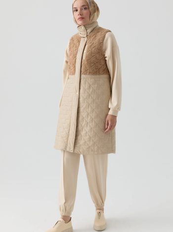 Faux Fur Trimmed Quilted Vest - Beige