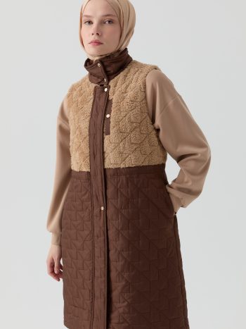 Plush-Trimmed Quilted Vest - Coffee