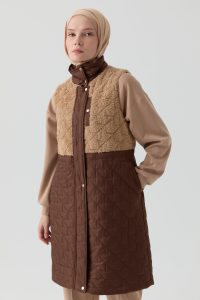 Peluş Garnili Kapitone Yelek - Kahve