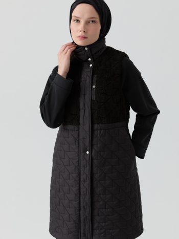 Faux Fur Trimmed Quilted Vest - Black