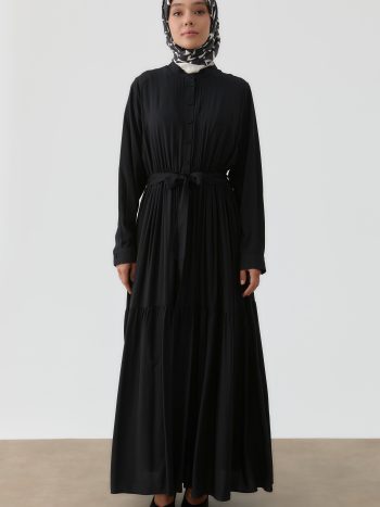 فستان بخصر مطاطي مضلع - أسود