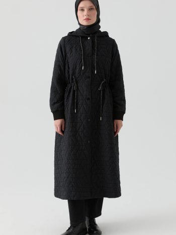 Snap Closure Quilted Hooded Coat - Black