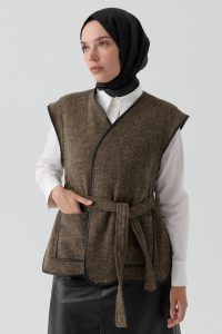 Leather Trim Detail Pocket Vest - Camel