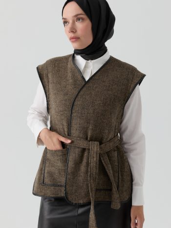 Leather Trim Detail Pocket Vest - Camel