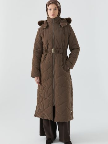 Glass Crack Pattern Quilted Coat - Brown