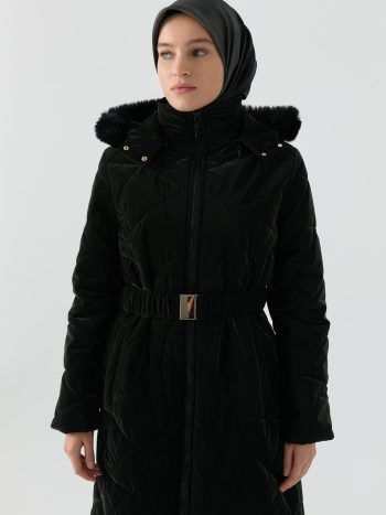 Quilted Coat with Cracked Glass Pattern - Black