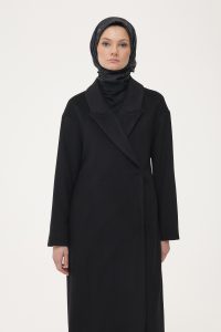 Yün Karışımlı Kuşaklı Kaban - Siyah