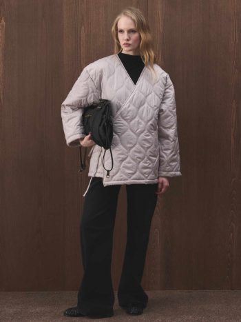 Grey Quilted Wrap Coat with Belt