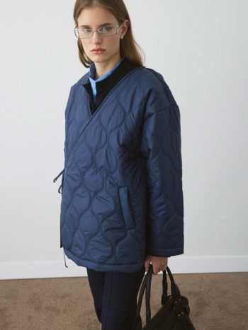 Navy Blue Quilted Belted Coat