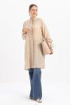 قميص طويل بيج بياقة مكشكشة ورباط