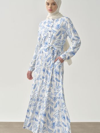 فستان مزخرف بحزام - أزرق