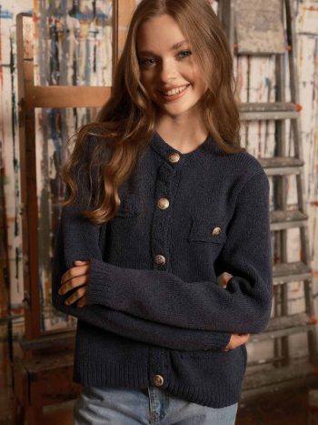 Bouclé Textured Navy Blue Cardigan