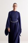 Cavin Pleated Waist Chain Satin Dress - Navy Blue