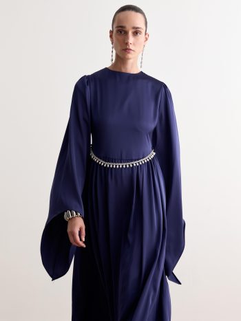 Cavin Pleated Waist Chain Satin Dress - Navy Blue