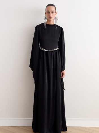 Cavin Pleated Chain Belt Satin Dress - Black