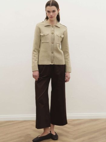 Mercerized Beige Cardigan with Pocket Flaps