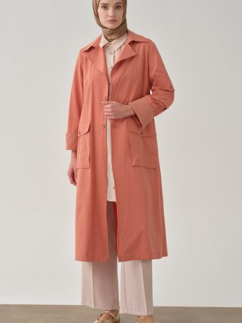 Cep Detaylı Çizgili Trençkot - Turuncu