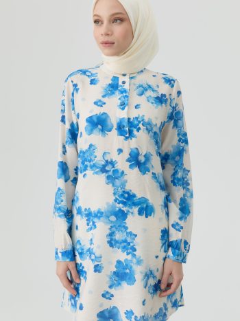Floral Patterned Slit Tunic - Blue