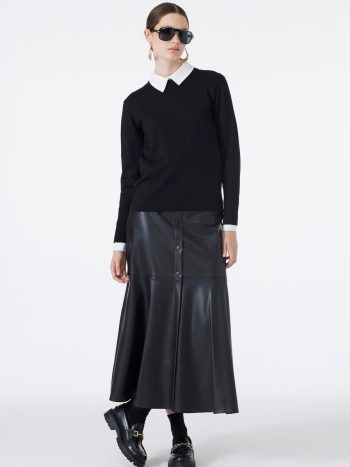 Button-Detail Black Leather-Look Skirt ETK-0194