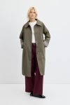 Plaid Lined Long Trench Coat with Belt in Khaki