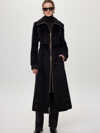 Black Plush Coat with Zipper and Belt Details 14000