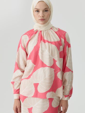 Floral Desenli Büzgülü Bluz - Pembe