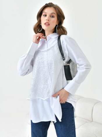 FTZ Women Kadın Fileli Koton Gömlek Takım  Ekru 30769