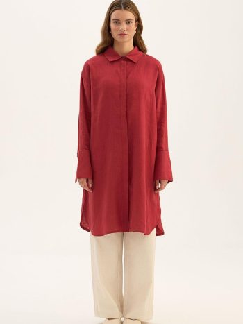 Red 100% Linen Tunic with Wide Cuffs