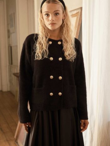 Black Cardigan with Gold Button Details and Faux Fur Trim