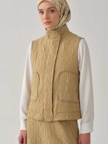 Grograin Piped Short Quilted Vest - Camel