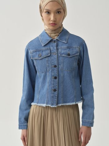 Two-Pocket Long Sleeve Short Denim Jacket - Indigo