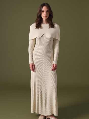 Ivory Asimetrik Yaka Detay Triko Elbise - Krem