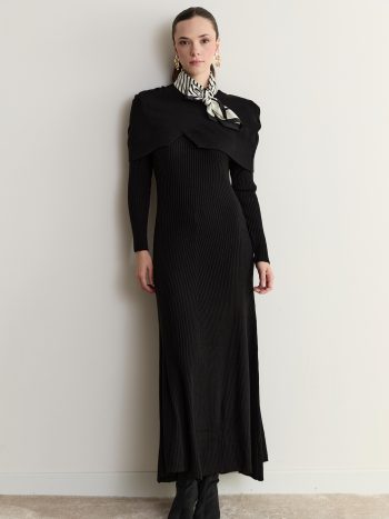 Ivory Asimetrik Yaka Detay Triko Elbise - Siyah