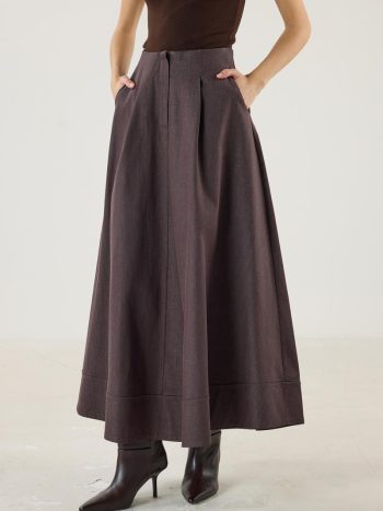 Brown Denim Flared Hem Split Skirt