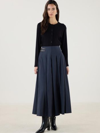 Navy Blue Pleated Skirt with Belt Accessories