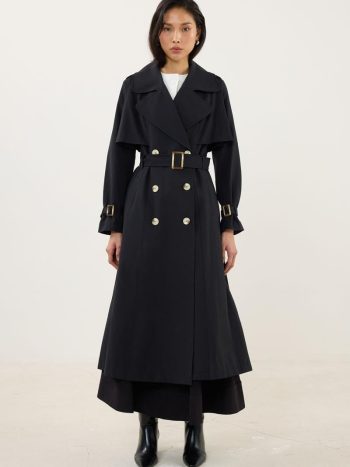 Classic Long Belted Trench Coat in Black