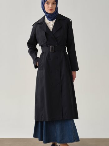 معطف ترنش بأحزمة وأكتاف - لون أزرق داكن