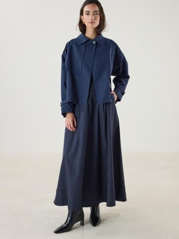 Blue Short Trench Coat with Belt and Pockets