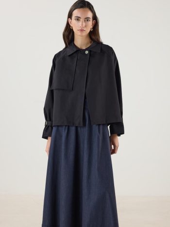 Black Short Trench Coat with Belt and Pockets