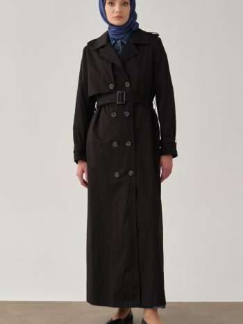 معطف بأكمام متقاطعة وحزام - أسود