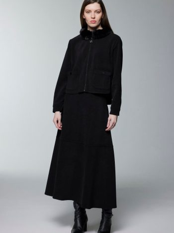 Fur Collar Zipper Jacket Skirt Black Two-Piece Set TK-1730