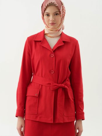 Kemerli Cep Ceketi - Mercan