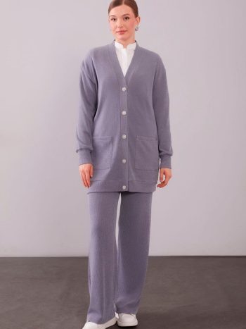 Gray Patterned Cardigan Knit Set