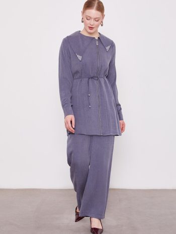 Navy Blue Stone-Embellished Neckline Cupra Two-Piece Set