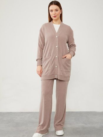 Beige Patterned Cardigan Knit Set