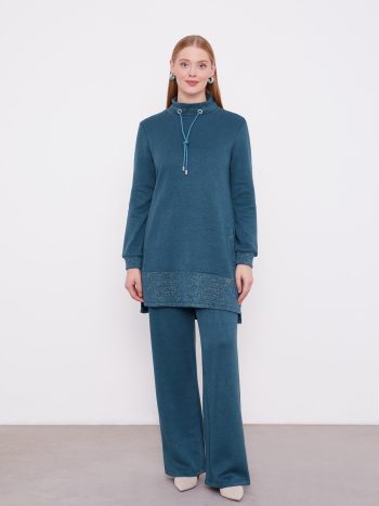 Petrol Green Glitter Cashmere Fabric Two-Piece Set